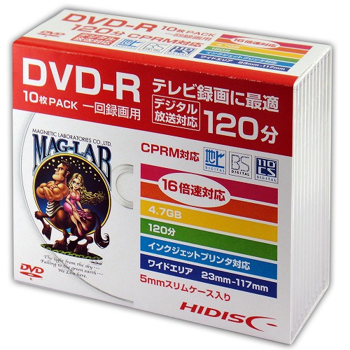 HIDISC DVD-R 録画用 120分 16倍速対応 10枚 5mmSlimケース入り ホワイト ワイドプリンタブル