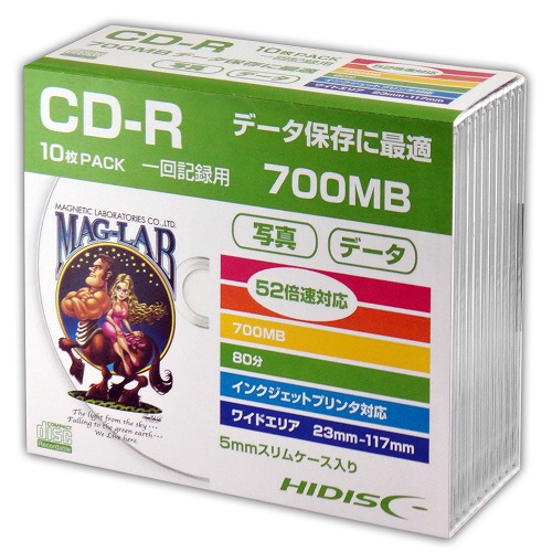 HIDISC CD-R データ用 700MB 52倍速対応 10枚 5mmSlimケース入り ホワイト ワイドプリンタブル