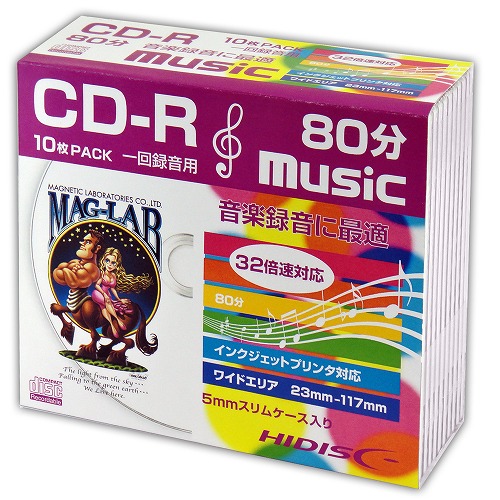 HIDISC CD-R 音楽用 80分 32倍速対応 10枚 5mmSlimケース入り ホワイト ワイドプリンタブル