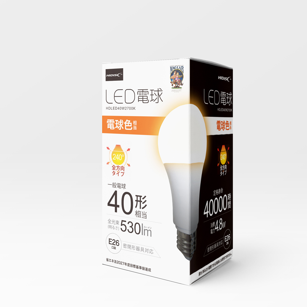 HIDISC LED電球（一般電球40形相当）調光可 長寿命 電球色 HDLED40W2700K