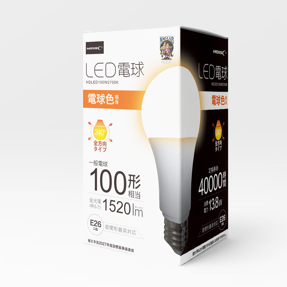 HIDISC LED電球（一般電球100形相当） 電球色 HDLED100W2700K