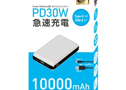 HIDISC PD30W急速充電 Type-Cx2, USB-Ax1 モバイルバッテリー 10000mAh HD-PD30W10000FTWH