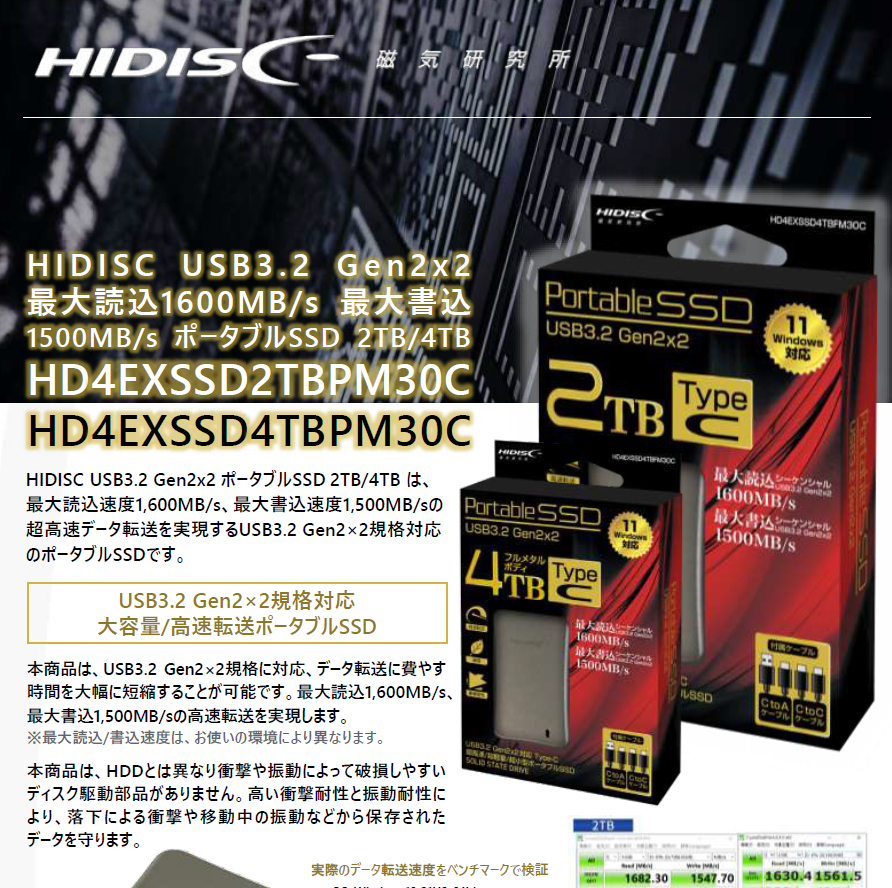 HIDISC USB3.2 Gen2x2 最大読込1600MB/s 最大書込1500MB/s ポータブルSSD 4TB  HD4EXSSD4TBPM30C